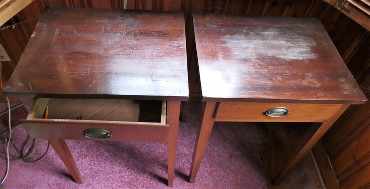 Pair of Mahogany Pegged Tables - Single Dovetailed Drawer  - Tapered Legs - Each Table Measure - 29 Tall 21 by 17 - Top Finish Needs Attention