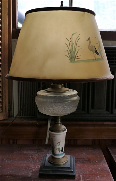 Hand Panted Oil Lamp with Crane Bird - Matching Hand Painted Shade - Has Been Electrified - Not Drilled - Measures  11" To Top of Font
