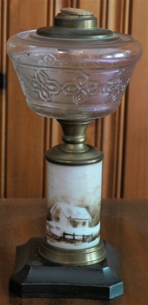 Hand Painted Oil Lamp with Painted House - Press Glass Font  - Measures 11" Tall - Missing Burner