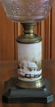 Hand Painted Oil Lamp with Painted House - Press Glass Font  - Measures 11 Tall - Missing Burner