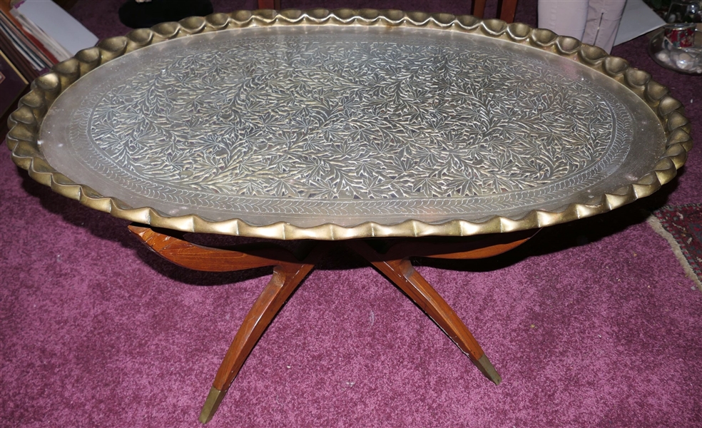 Outstanding Oval Pierced Brass Tray Table with Glass Top -Folding Wood Base - Tray Top Measures 40" by 26" 