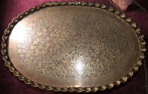 Outstanding Oval Pierced Brass Tray Table with Glass Top -Folding Wood Base - Tray Top Measures 40 by 26 