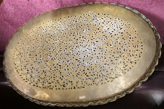 Outstanding Oval Pierced Brass Tray Table with Glass Top -Folding Wood Base - Tray Top Measures 40 by 26 