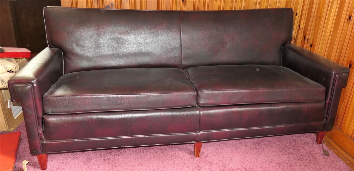 Mid Century Faux Leather / Naugahyde Sofa - Wood Legs - Sits Well - Measures 30" Tall 75" Long