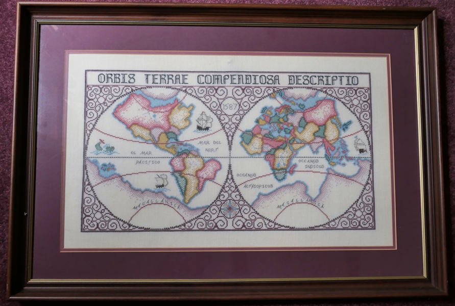 "Orbis Terrae Compendiosa Descriptio" Needlework Map - Framed in Walnut Frame and Matted - Frame Measures 23" by 33"