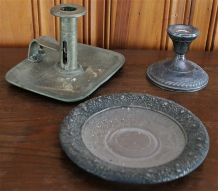Early Brass Push Up Chamberstick, Sterling Silver Weighted Candle Stick, and Sterling Silver Rimmed Wine Coaster 