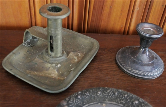 Early Brass Push Up Chamberstick, Sterling Silver Weighted Candle Stick, and Sterling Silver Rimmed Wine Coaster 
