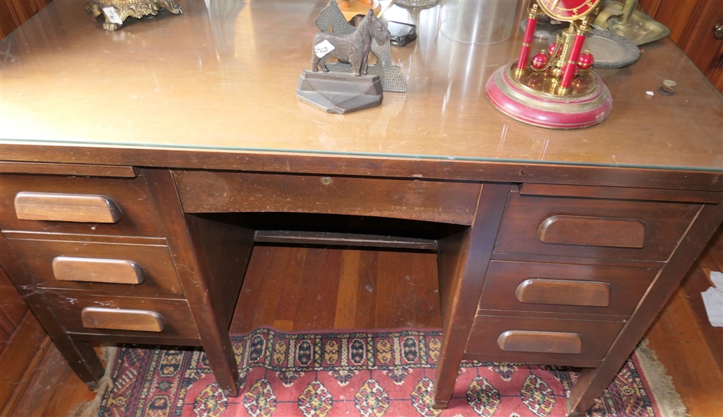 Nice Sturdy Mahogany Desk with Glass Top - 7 Drawers - Pull Out Writing Surface - Measures 30 1/2" Tall 50" by 30" 