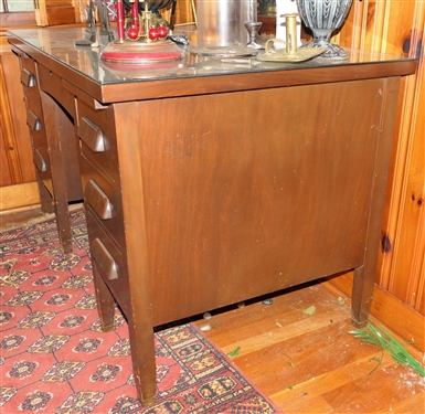 Nice Sturdy Mahogany Desk with Glass Top - 7 Drawers - Pull Out Writing Surface - Measures 30 1/2 Tall 50 by 30 
