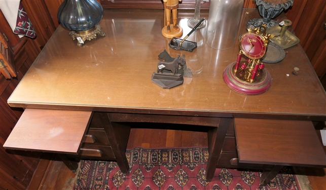 Nice Sturdy Mahogany Desk with Glass Top - 7 Drawers - Pull Out Writing Surface - Measures 30 1/2 Tall 50 by 30 