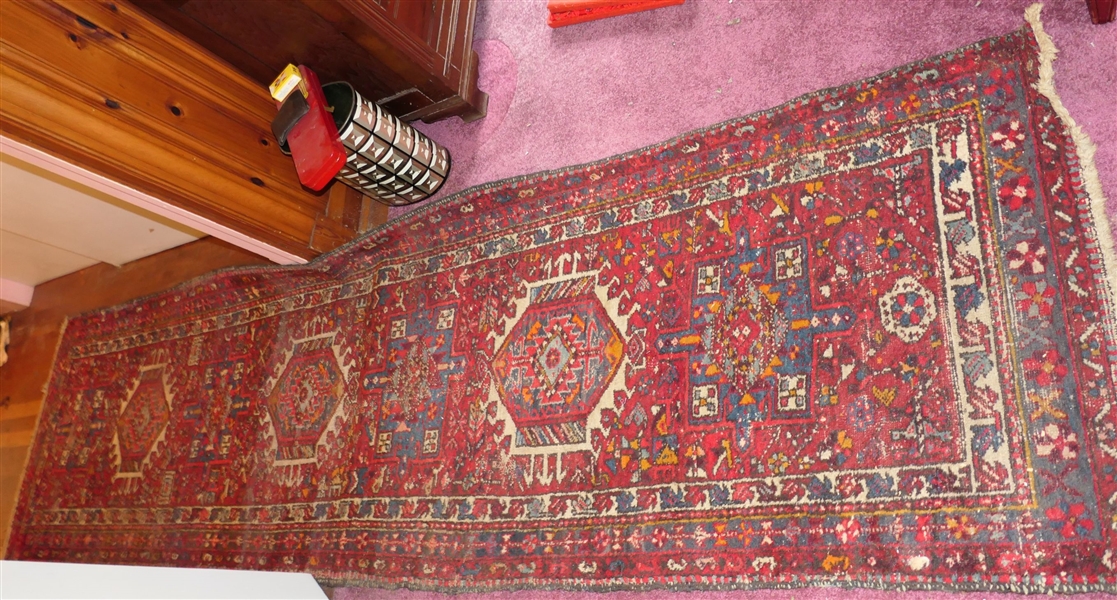 Handmade in Iran Runner - Red with Orange, Blue, and Cream Pattern - Measures 11 by 210" - Some Wear - See Photos