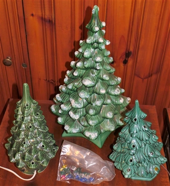 3 Ceramic Christmas Trees - Largest Measures 19 with Attached Stand, Other 2 Are Lighted with Removable Bases - Measuring 13 and 12 - Some Additional Bulbs in Bag