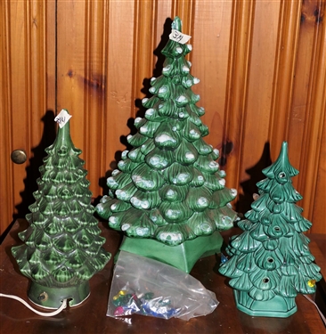 3 Ceramic Christmas Trees - Largest Measures 19 with Attached Stand, Other 2 Are Lighted with Removable Bases - Measuring 13 and 12 - Some Additional Bulbs in Bag