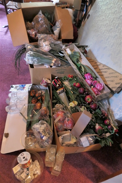 Huge Lot of Faux / Silk Florals - Faux Fruit, Vases, Floral Foam, Orchids, Roses, Tulips, Greenery, Polish Glass Vases, Etc.