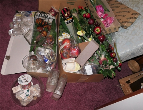 Huge Lot of Faux / Silk Florals - Faux Fruit, Vases, Floral Foam, Orchids, Roses, Tulips, Greenery, Polish Glass Vases, Etc.