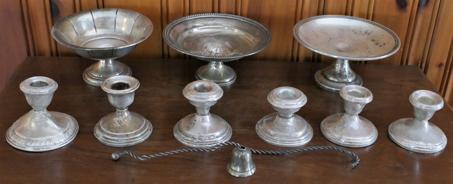 Lot of Sterling Silver items including 6 Weighted Sterling Silver Candle Holders - Measuring 3" - Some Dents, 3 - Sterling Silver Weighted Compotes - Measuring 2 1/2" Tall 6" Across, and Broken...