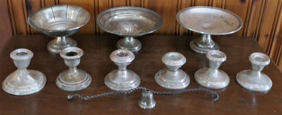 Lot of Sterling Silver items including 6 Weighted Sterling Silver Candle Holders - Measuring 3 - Some Dents, 3 - Sterling Silver Weighted Compotes - Measuring 2 1/2 Tall 6 Across, and Broken...