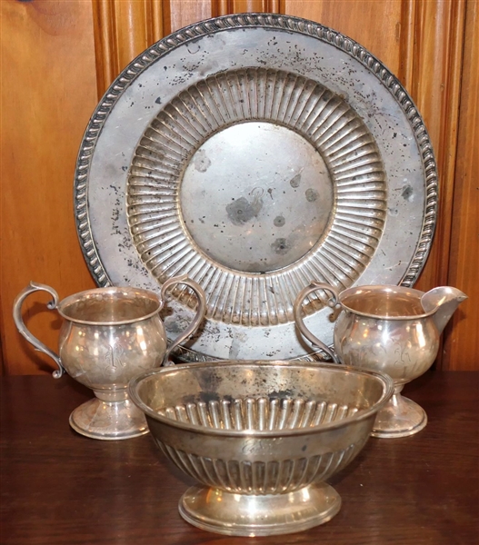 4 Pieces of Sterling Silver including Oval Ribbed Bowl, Sterling Silver Plate #177, and Sterling Cream and Sugar - All Pieces Are Monogrammed 
