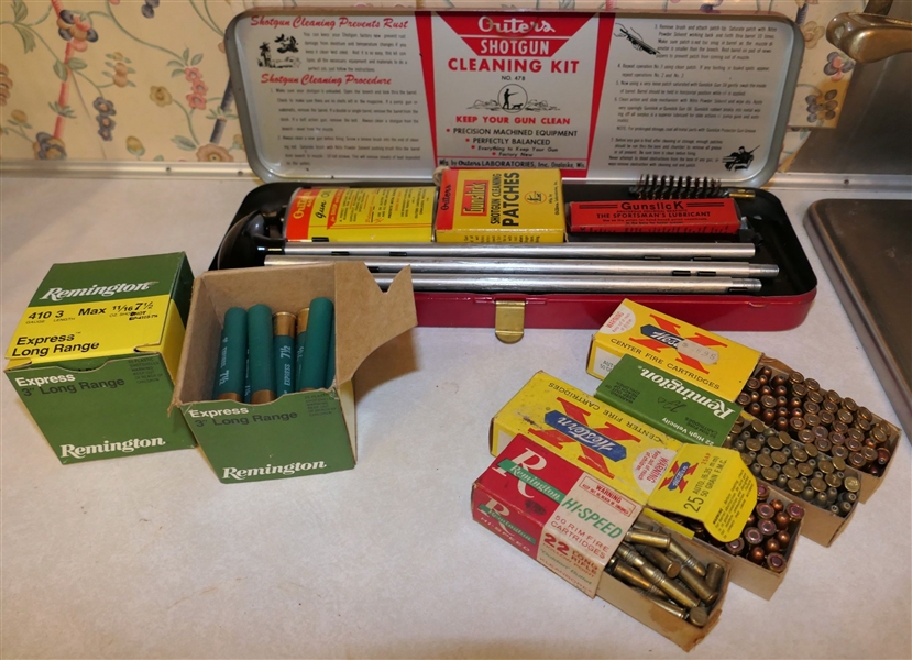 Cutters Gun Cleaning Kit and Lot of Ammo - Full box of .410, Mostly Full Box of .410, .22 Cal, .25 Caliber - Full and Partial Boxes