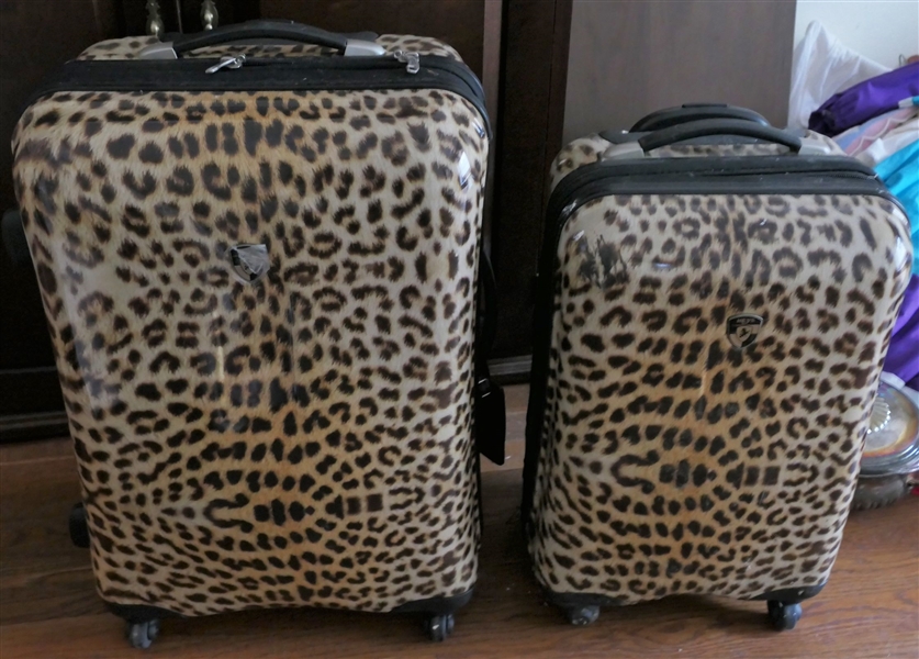 2 Leopard Print Rolling Hard Side Suitcases by Heys 