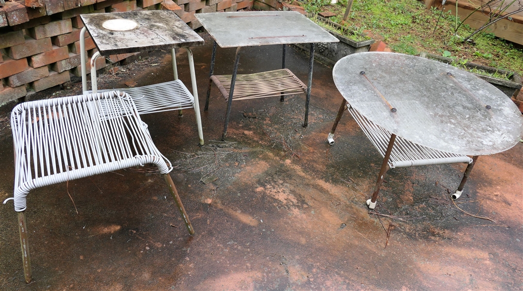 4 Outdoor "String" Tables - Metal Frames with Plastic String Seat, Base, Plexiglass Tops 