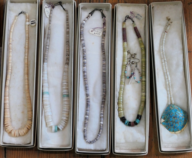 4 Southwestern Native American Shell and Turquoise Necklaces - One with Matching Earrings 