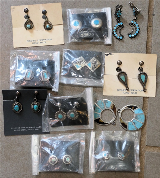 11 Pairs of Sterling Silver and Turquoise Southwestern Native American Earrings - All New 