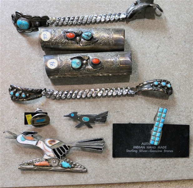 Southwestern Native American Silver and Turquoise Lipstick Tubes, Watch Bands, Pins, and Tie Clip