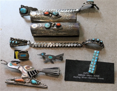Southwestern Native American Silver and Turquoise Lipstick Tubes, Watch Bands, Pins, and Tie Clip