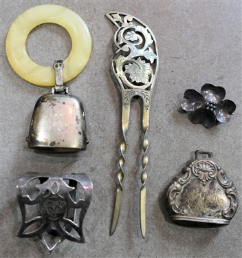 Sterling Silver Hair Pin, Scarf Clip, Baby Rattle, Dogwood Pin, and Rattle -