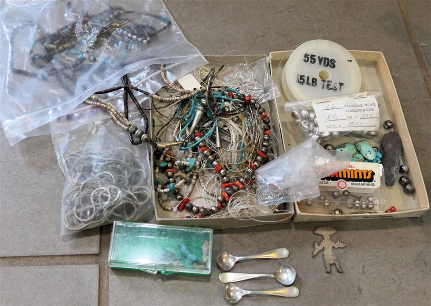 Lot of Jewelry and Jewelry Making Supplies including Sterling Silver Handmade Beads, Sterling Silver Salt Spoons, Turquoise Beads, Turquoise Pieces, Broken Beaded Necklaces 