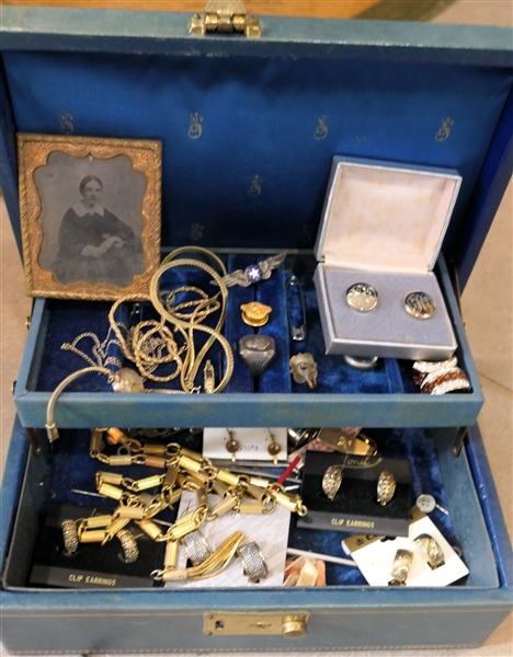 Jewelry Box and Contents including Tin Type Photo, Clip On Earrings, Costume Jewelry, Sterling Silver Wings, and More