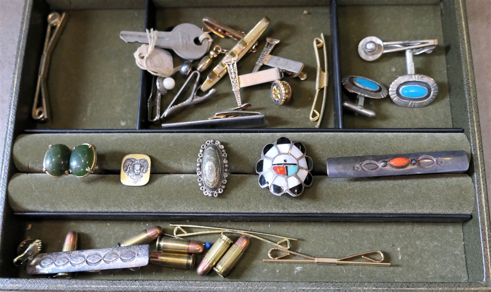 Jewelry Box and Jewelry including Turquoise Cuff Links, Sterling Ring with Stone, Sterling Silver Pin, Etc. 