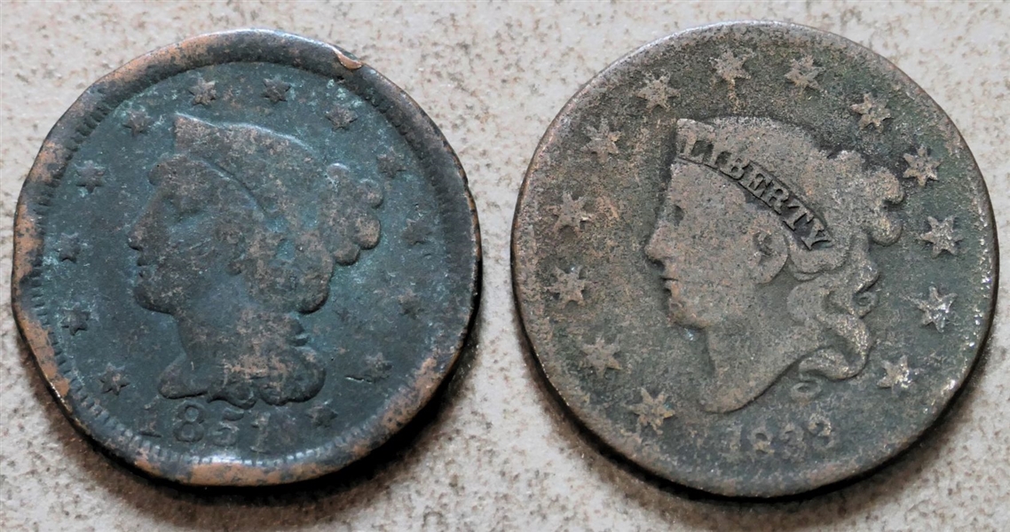 1851 and 1833 American Large 1 Cent Pieces