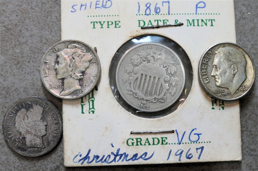 1867 Shield Nickel, 2 Silver Mercury Dimes, and 1 Silver Roosevelt Dime