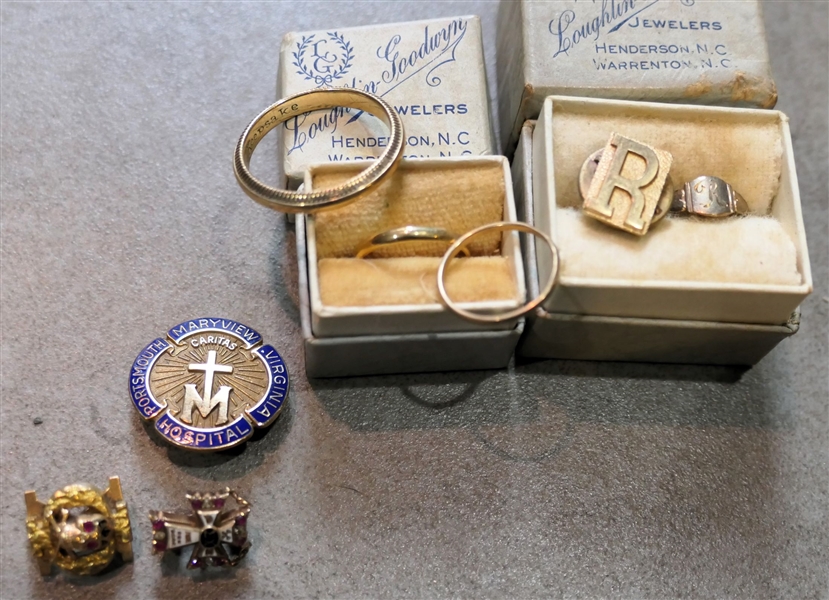 Lot of Gold Items - 10kt Gold Hospital Pin, 14kt Gold Wedding Band, Gold Baby Rings, Sorority Pins, and R Tie Tack 