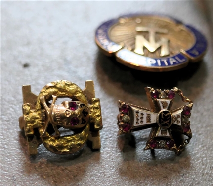 Lot of Gold Items - 10kt Gold Hospital Pin, 14kt Gold Wedding Band, Gold Baby Rings, Sorority Pins, and R Tie Tack 