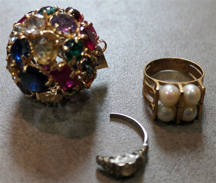Lot of Unsigned Gold Items - Pearl Ring, Broken Ring, and Ball Pendant With Lots of Stones 
