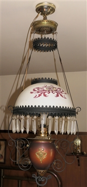 Beautiful Art Nouveau Hanging Oil Lamp with Hand Painted Shade - Crystal Prisms -Art Nouveau face on Font -  Has Been Electrified - Not Drilled - Buyer Must Take Down 