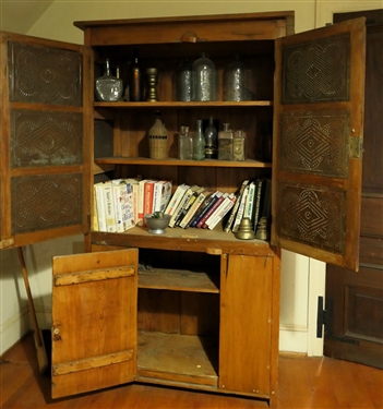 Country Pine 12 Tin Pie Safe - 12 Punched Tins - Blind Door At Bottom - Measures 73 tall 42 by 17 