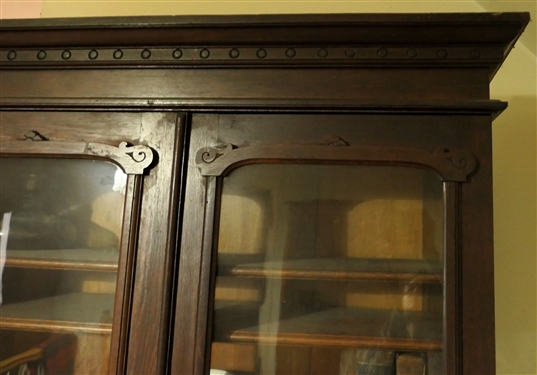 Victorian Oak C Roll Secretary - Glass Cabinet Top with Shelves - 4 Drawers and Cabinet at Bottom - 2 Pieces - Missing 1 Piece of Trim At Top Right Corner - Measures 83 Tall 39 1/2 by 24 