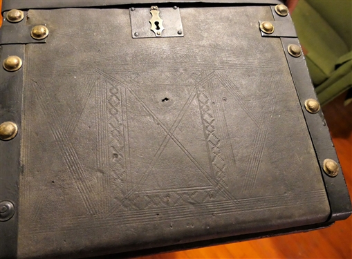 Edward P. Moyer Saddle / Bridle Harness Trunk - Hand Embossed Leather Wrapped Front - Leather Handles - Metal and Brass Trim -Box Measures 16 Tall 15 by 13 