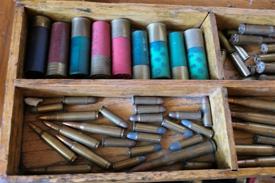 Nice Oak Tool Box with Lift Out Tray - With Mixed Lot of Ammon and Remington Empty Box, Remington Kleen Bore .32 Partial Box, and Rifle Scope Mount