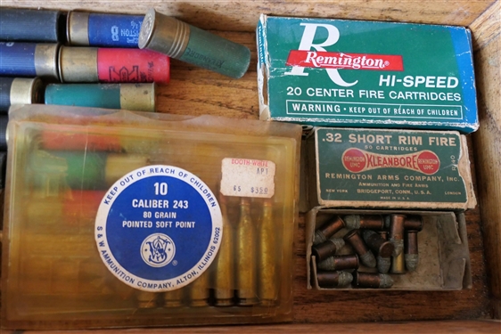 Nice Oak Tool Box with Lift Out Tray - With Mixed Lot of Ammon and Remington Empty Box, Remington Kleen Bore .32 Partial Box, and Rifle Scope Mount