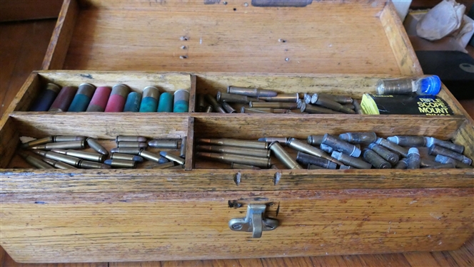 Nice Oak Tool Box with Lift Out Tray - With Mixed Lot of Ammon and Remington Empty Box, Remington Kleen Bore .32 Partial Box, and Rifle Scope Mount