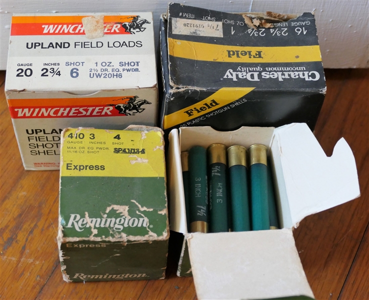 4 Boxes of Shot Gun Shells - 1 Full and 1 Partial 410, Full Box of 16 Gauge, and Full Box of 20 Gauge