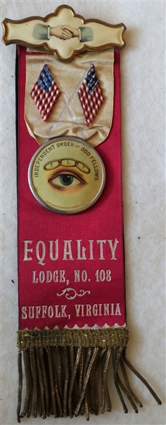 Odd Fellows Ribbon / Pin -Equality Lodge No. 108 Suffolk VA - On Reverse  "In Memoriam Equality Lodge, No. 108 - Norfolk VA" 