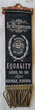 Odd Fellows Ribbon / Pin -Equality Lodge No. 108 Suffolk VA - On Reverse  In Memoriam Equality Lodge, No. 108 - Norfolk VA 