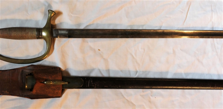 Civil War Ames Mfg. Co. - US GWC 1864 Sword - Marked Ames Mfg. Co. Chicopee Mass - In Fine Brass and Leather Scabbard - Scabbard Has Leather Belt Strap Added Later Marked Rock Island Arsenal 19030