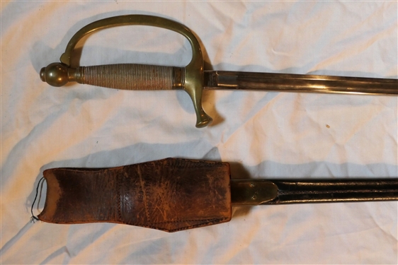 Civil War Ames Mfg. Co. - US GWC 1864 Sword - Marked Ames Mfg. Co. Chicopee Mass - In Fine Brass and Leather Scabbard - Scabbard Has Leather Belt Strap Added Later Marked Rock Island Arsenal 19030
